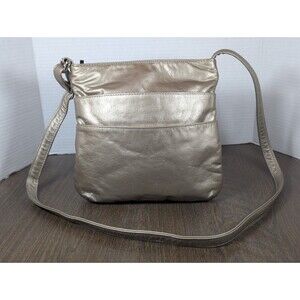 DAWLI Leather Crossbody Purse Handbag Metallic Gold Zip Closure Pockets USA Made